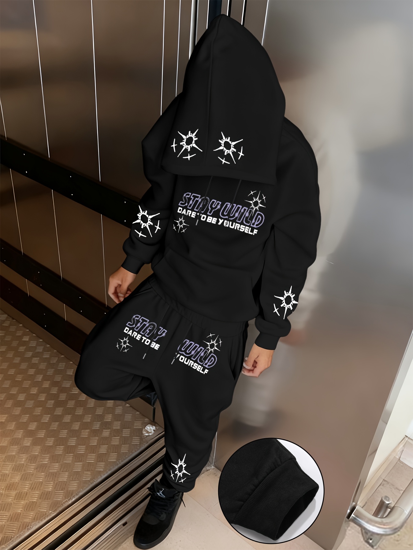 Outdoor Sport Hoodie - Men Letter Print Drawstring Kangaroo Pocket